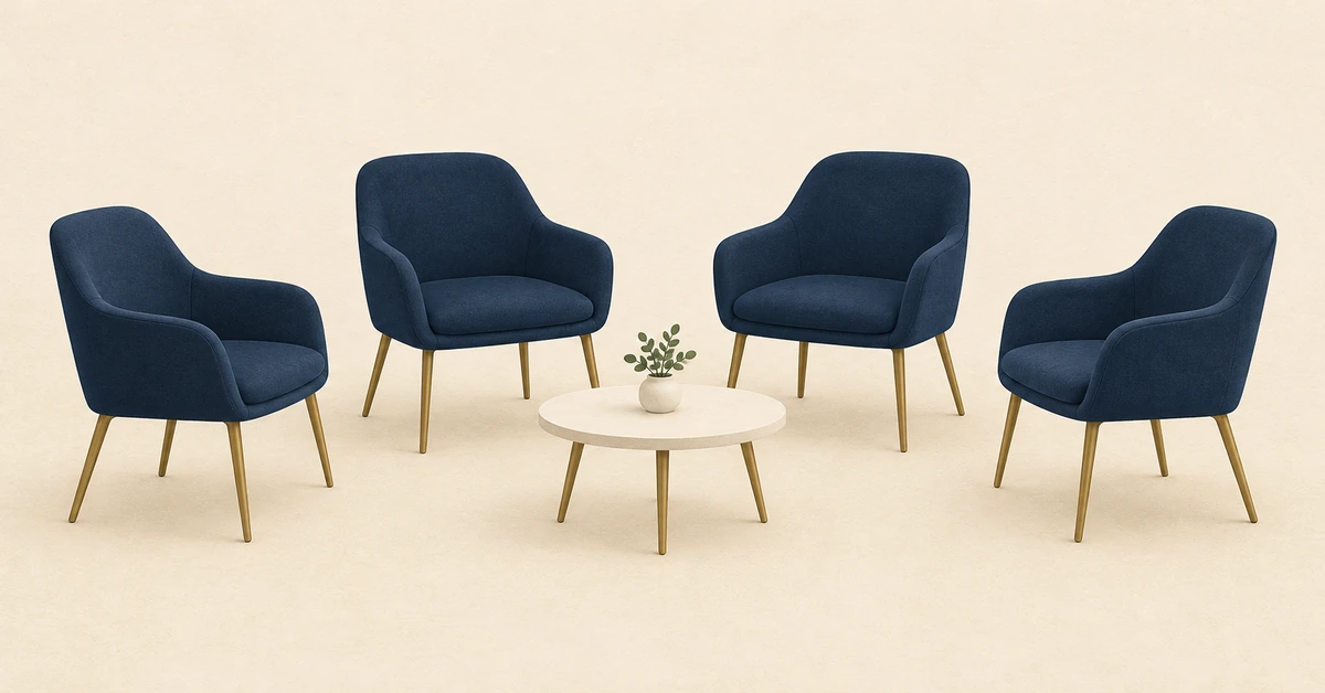 Editorial illustration of four empty chairs in a semicircle around a small table.