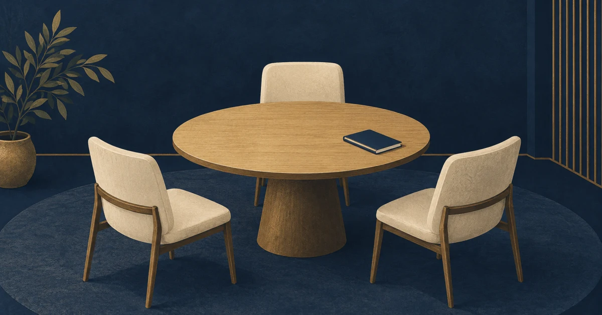 Editorial illustration of three empty chairs around a table with a closed notebook.