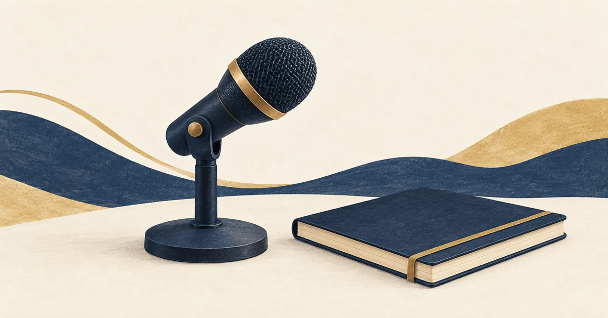 Editorial illustration of a tabletop microphone beside a closed, unmarked notebook.