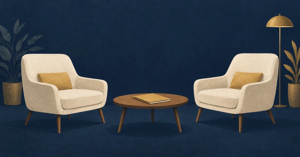 Editorial illustration of two empty chairs and a small table holding a closed folder.