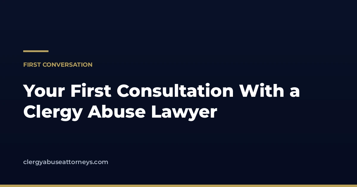 Navy and gold editorial card: Your First Consultation With a Clergy Abuse Lawyer