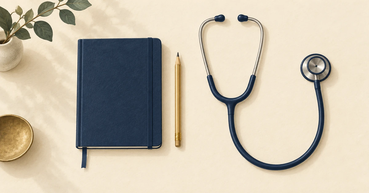 Editorial illustration of a closed notebook and pencil beside a stethoscope.