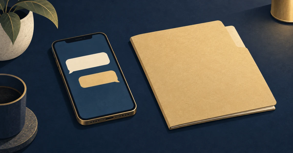 Editorial illustration of a phone with two blank message bubbles beside a closed document folder.
